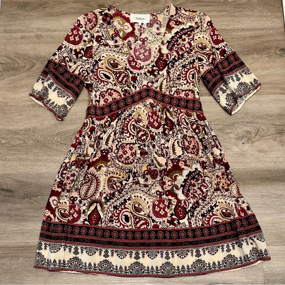ba&sh Paisley Patterned Dress in Purple and Cream in 100% Viscose w/ side Zipper